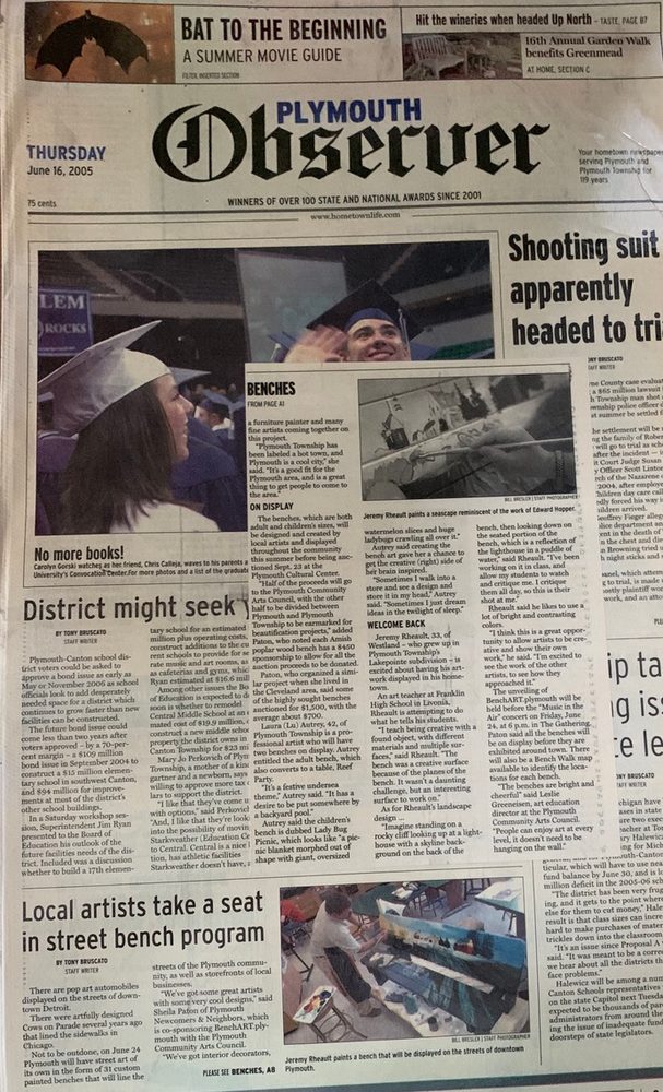 Front page of the Plymouth Observer, June 16, 2005, with the BenchART story