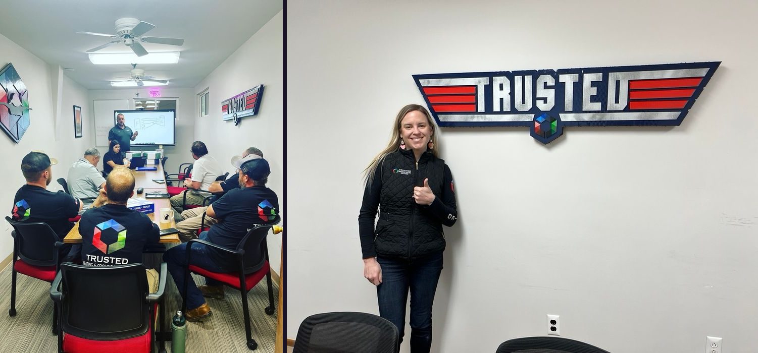 Custom Trusted Heating and Cooling wing-style wall sign in navy, red and silver: the sign hanging in the team meeting room, and a team member giving a thumbs up beside it