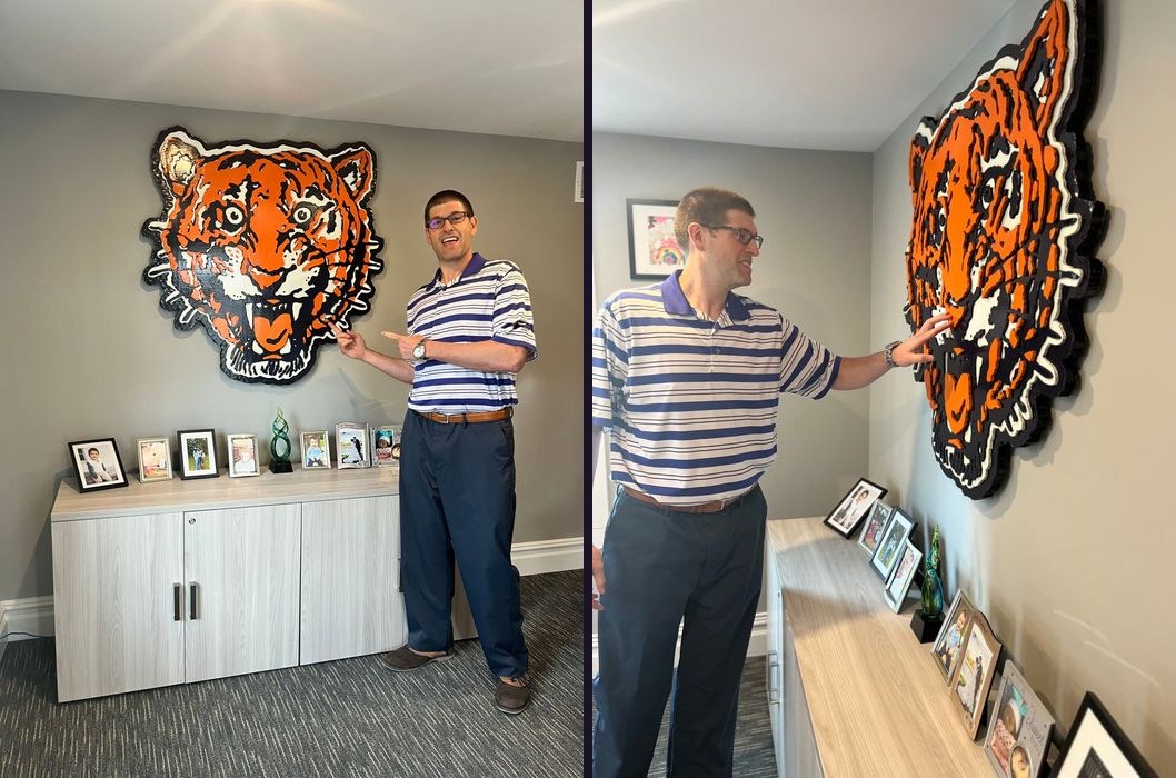Custom Detroit Tigers tiger head cutout in an office, front view and side angle