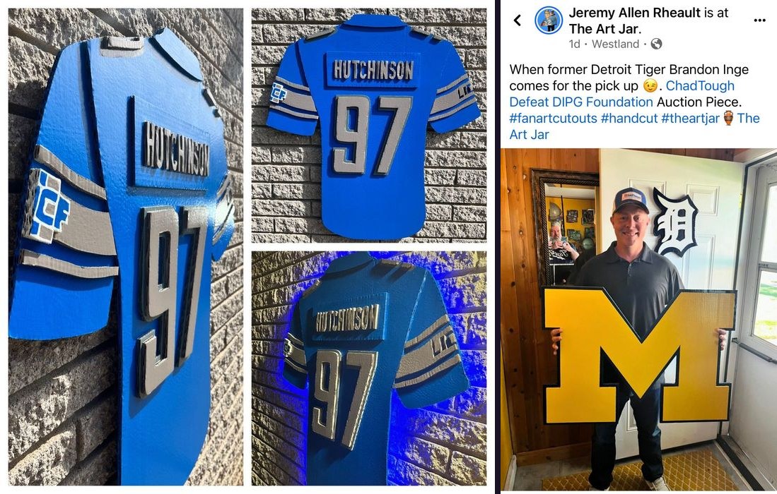 Custom Aidan Hutchinson tribute jersey cutout, LED-lit, three angles, and a Facebook post about former Detroit Tiger Brandon Inge picking up the custom Michigan block M for the Chad Tough Defeat DIPG Foundation auction