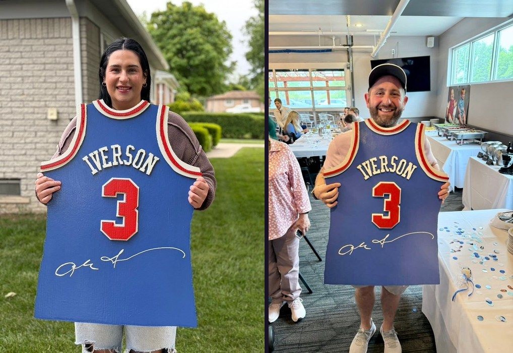 Allen Iverson tribute jersey cutout, held by two different customers
