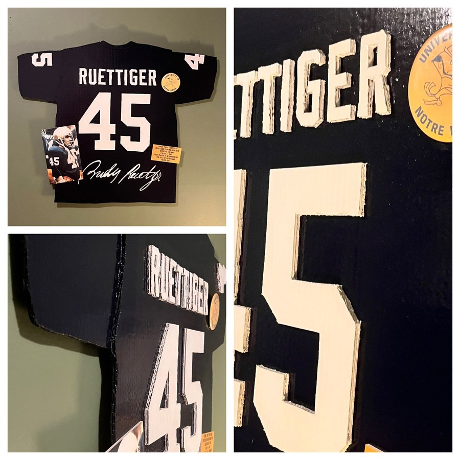Custom Rudy Ruettiger Notre Dame tribute jersey cutout with vintage button and stats card