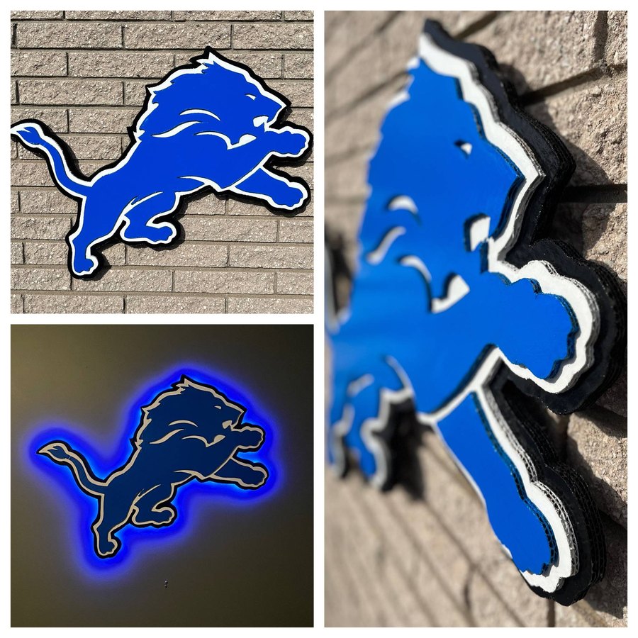 Custom Detroit Lions logo cutout in daylight and with blue LED glow at night