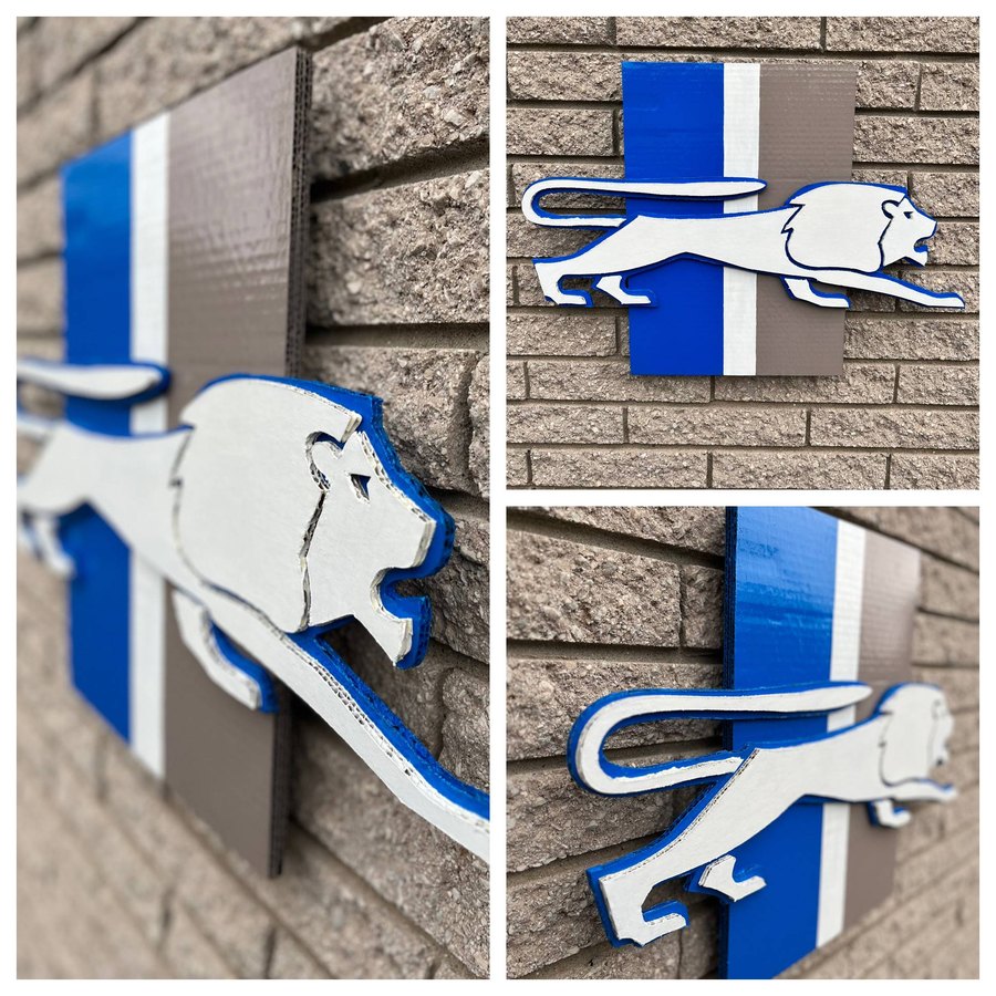 Custom retro Detroit Lions running lion cutout on blue, white and silver stripes, three angles