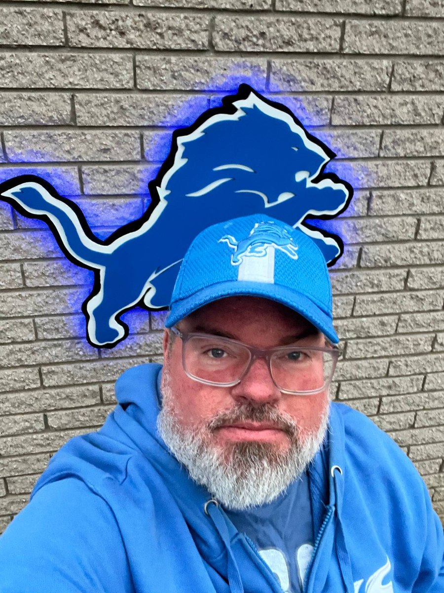 Jeremy with a custom blue LED-lit Detroit Lions logo cutout