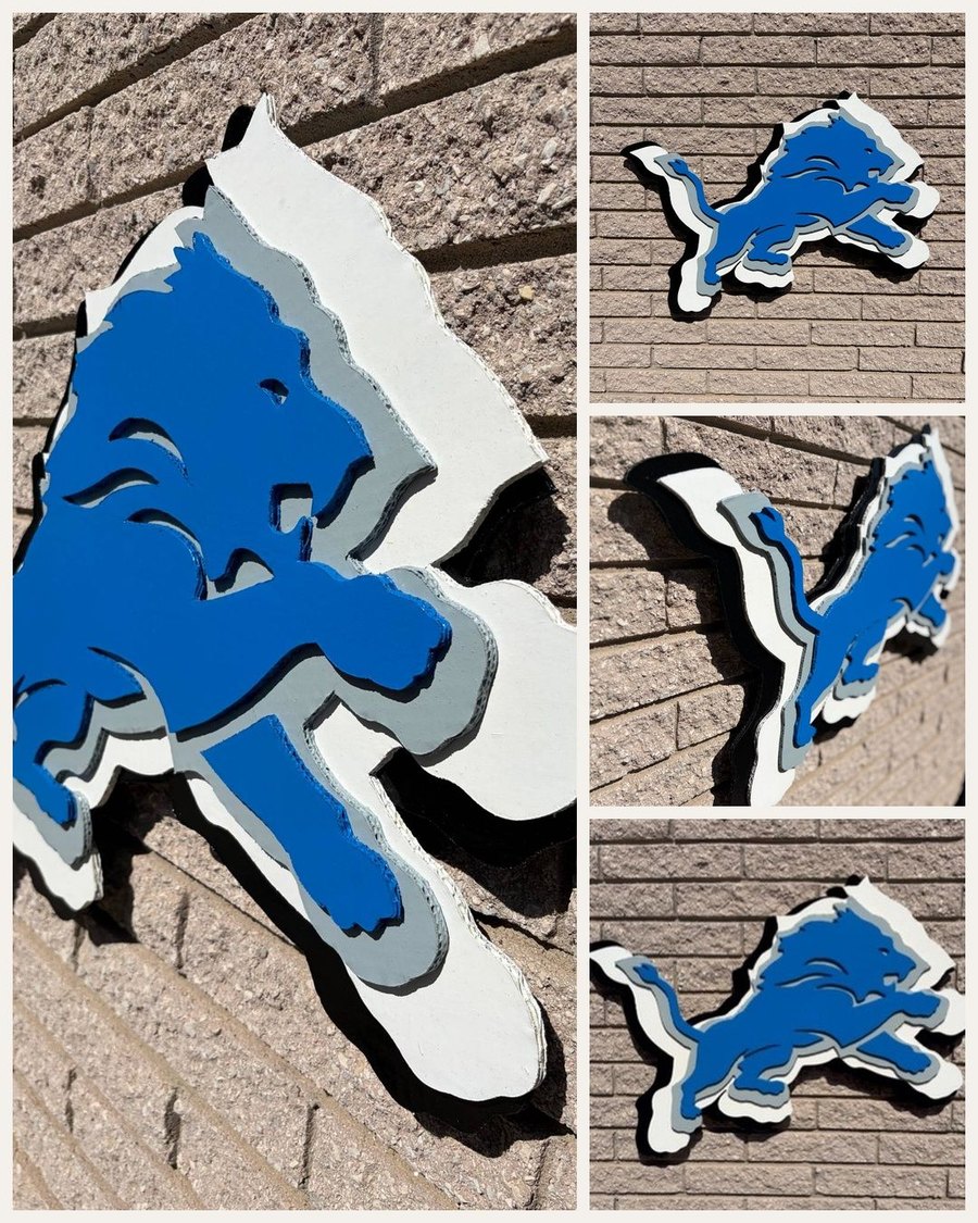 Custom silver and blue Detroit Lions logo cutout, multiple angles