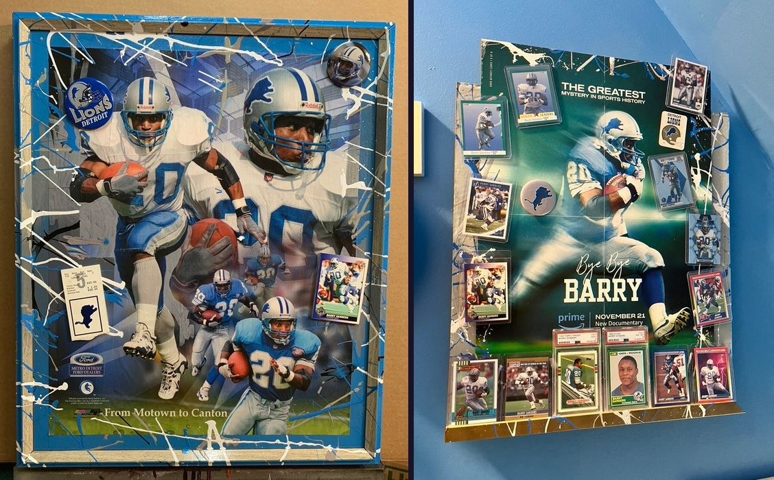 Hand-embellished Barry Sanders From Motown to Canton poster with a ticket stub, and Bye Bye Barry poster covered in Barry Sanders trading cards and graded cards
