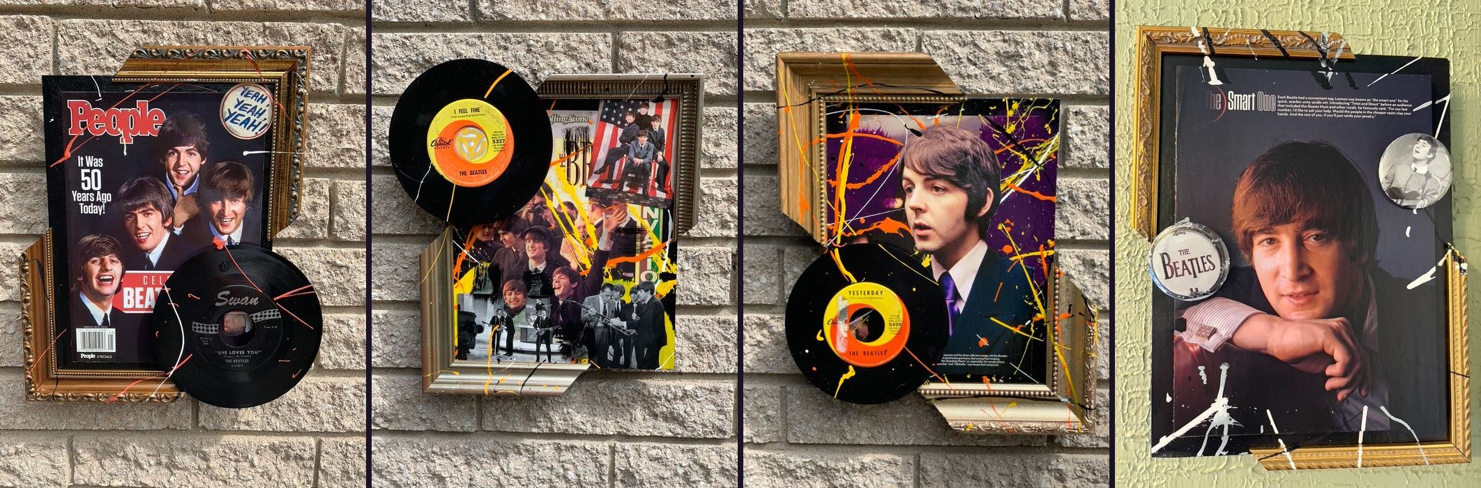 Four hand-embellished Beatles pieces: People magazine 50 Years Ago Today cover with a She Loves You 45, a Rolling Stone collage with an I Feel Fine 45, a Paul McCartney piece with a Yesterday 45, and a John Lennon The Smart One piece with buttons