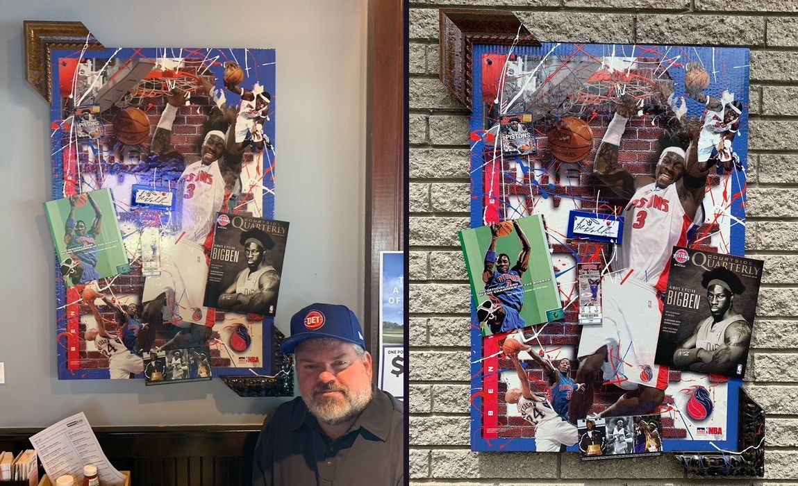 Hand-embellished Ben Wallace Detroit Pistons dunk collage with magazine covers, a ticket stub and an autograph, hung in a restaurant with Jeremy beside it, and on a brick wall