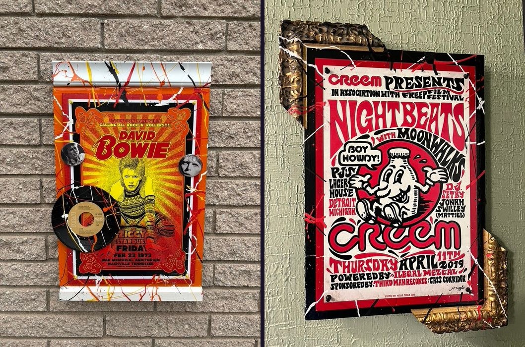 Hand-embellished David Bowie Ziggy Stardust 1973 Nashville concert poster with a vinyl single and buttons, and a Creem Nightbeats 2019 Detroit poster in a gold splatter-painted frame