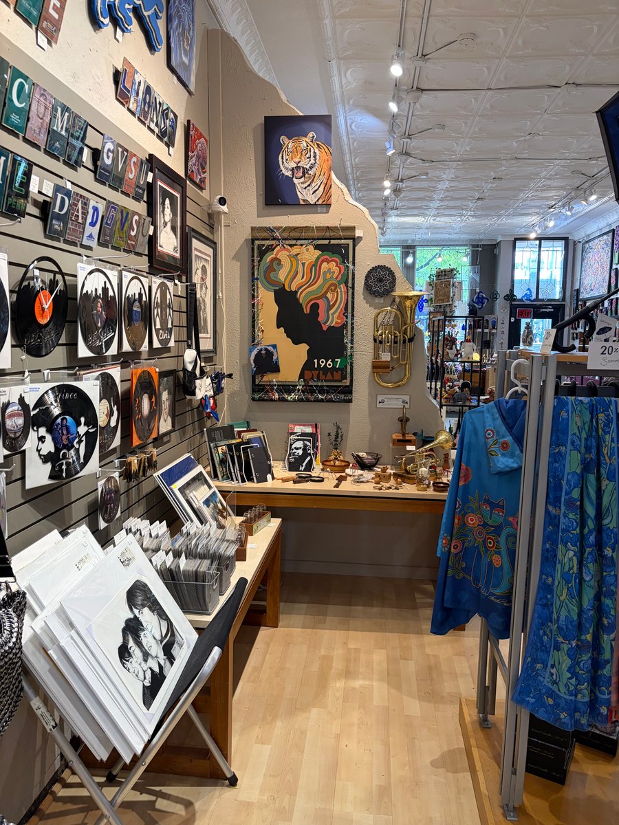 Bob Dylan memorabilia art on display in a shop