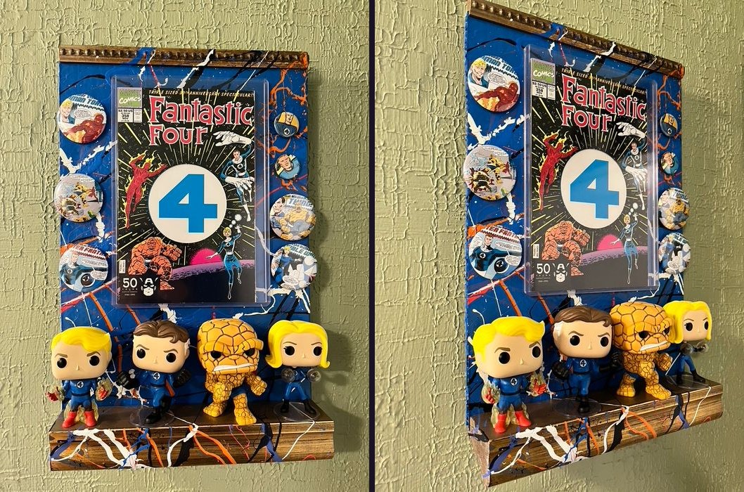 Hand-embellished Fantastic Four 30th anniversary comic with comic buttons and four Funko Pop figures on a splatter-painted shelf, front and side views
