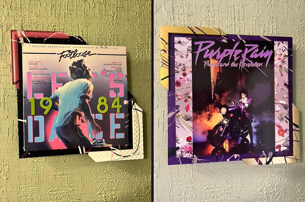 Hand-embellished Footloose soundtrack album with 1984 numbers in a pink and black frame, and Prince and the Revolution Purple Rain album in a purple and gold frame