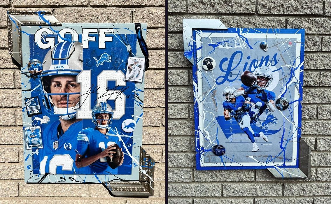 Hand-embellished Detroit Lions Jared Goff poster with trading cards and a signature, and Amon-Ra St. Brown poster with buttons, in splatter-painted frames on a brick wall