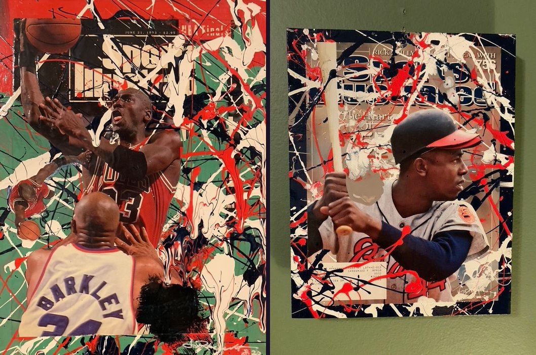 Hand-embellished Michael Jordan and Charles Barkley 1993 NBA Finals Sports Illustrated cover, and Hank Aaron Sports Illustrated cover, with heavy splatter paint