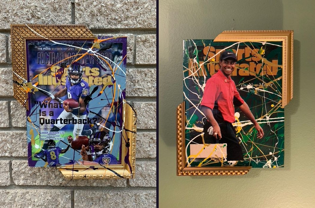 Hand-embellished Lamar Jackson Football Preview Sports Illustrated cover and Tiger Woods The New Master Sports Illustrated cover in gold splatter-painted frames