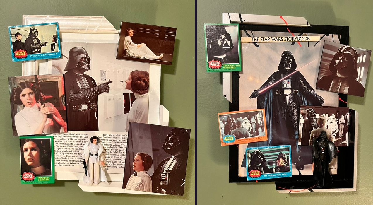 Hand-embellished Star Wars Storybook pieces: Princess Leia with a Leia figure and trading cards, and Darth Vader with a Vader figure, trading cards and photos
