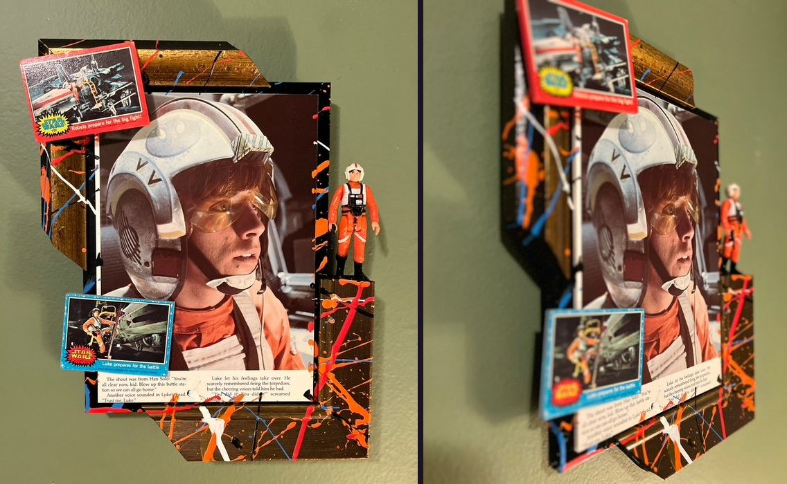 Hand-embellished Star Wars storybook Luke Skywalker X-wing pilot piece with two trading cards and a vintage Kenner pilot figure, front and angled views