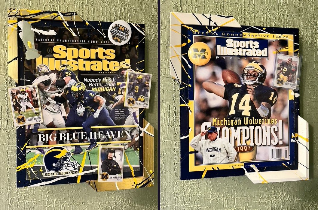 Hand-embellished Michigan Wolverines Sports Illustrated covers: 2023 National Champions Big Blue Heaven and 1997 Champions, with trading cards and buttons