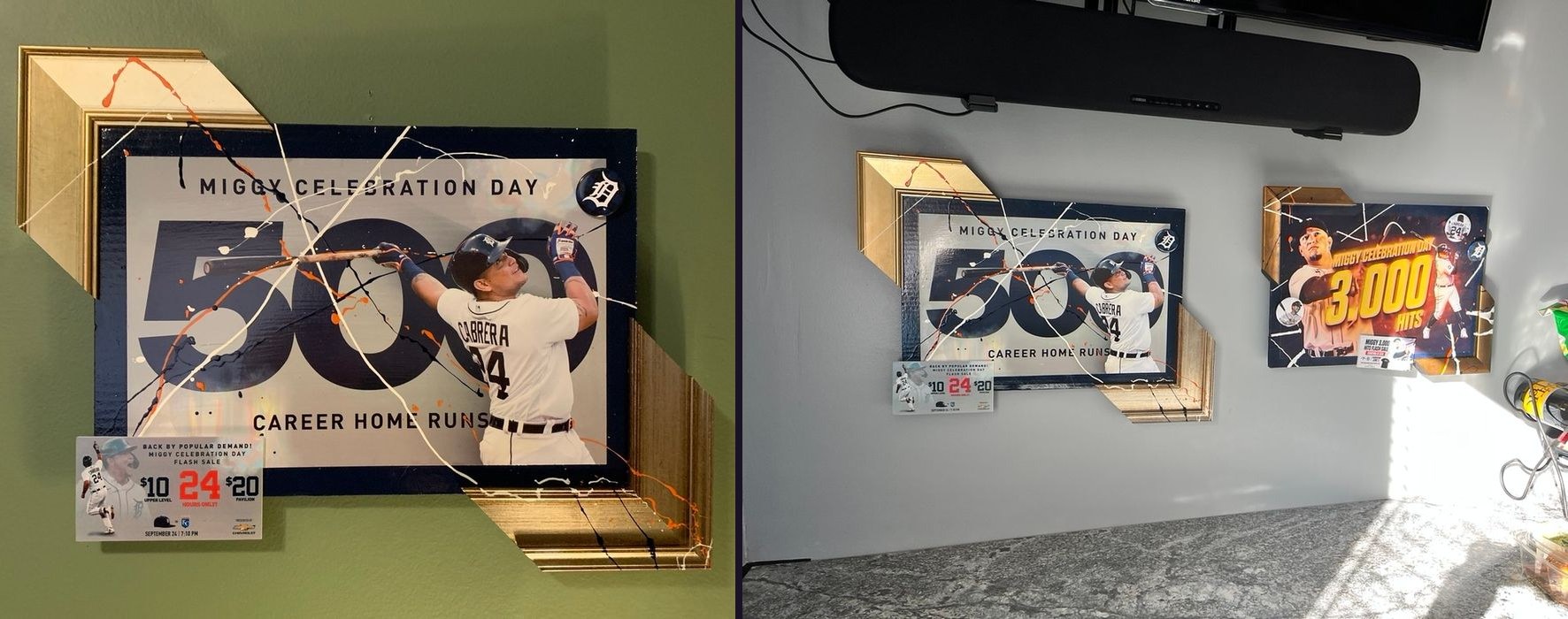 Hand-embellished Miguel Cabrera Miggy Celebration Day 500 Career Home Runs piece with a flash sale ticket and button, and the 500 and 3,000 Hits pieces hung together on a kitchen wall