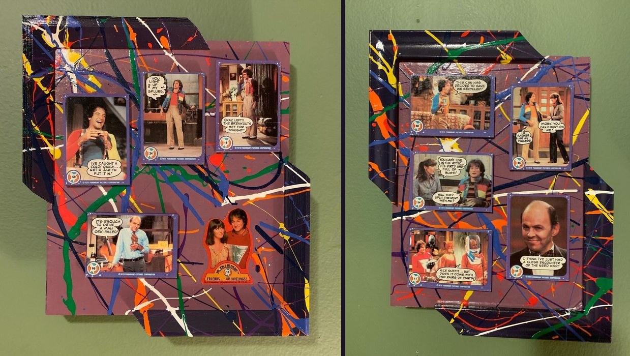 Two hand-embellished Mork and Mindy 1978 trading card pieces in splatter-painted frames