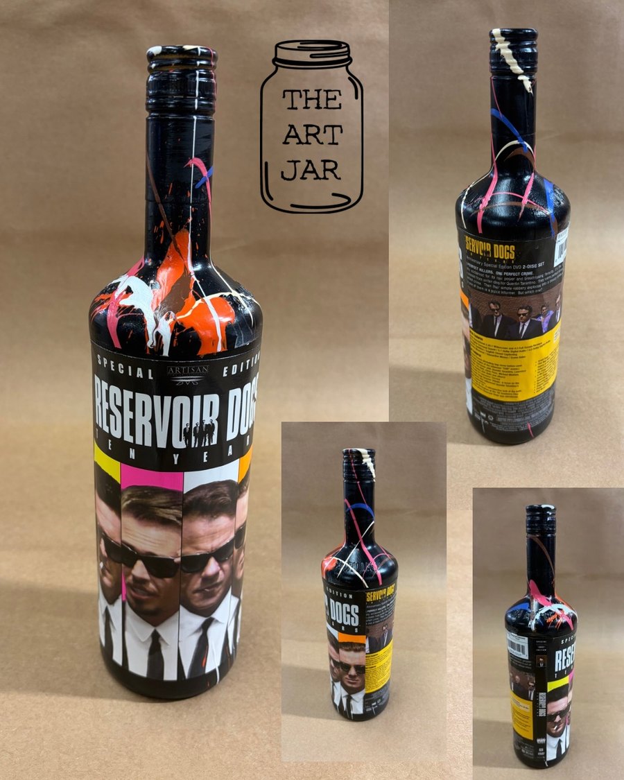 Hand-painted Reservoir Dogs special edition DVD bottle with pink, orange and white splatter, four views