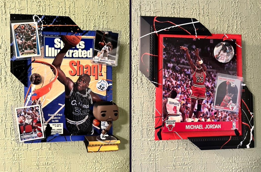 Hand-embellished Shaq Sports Illustrated cover with trading cards and a Funko Pop, and a Michael Jordan Chicago Bulls poster with a trading card, in custom splatter-painted frames