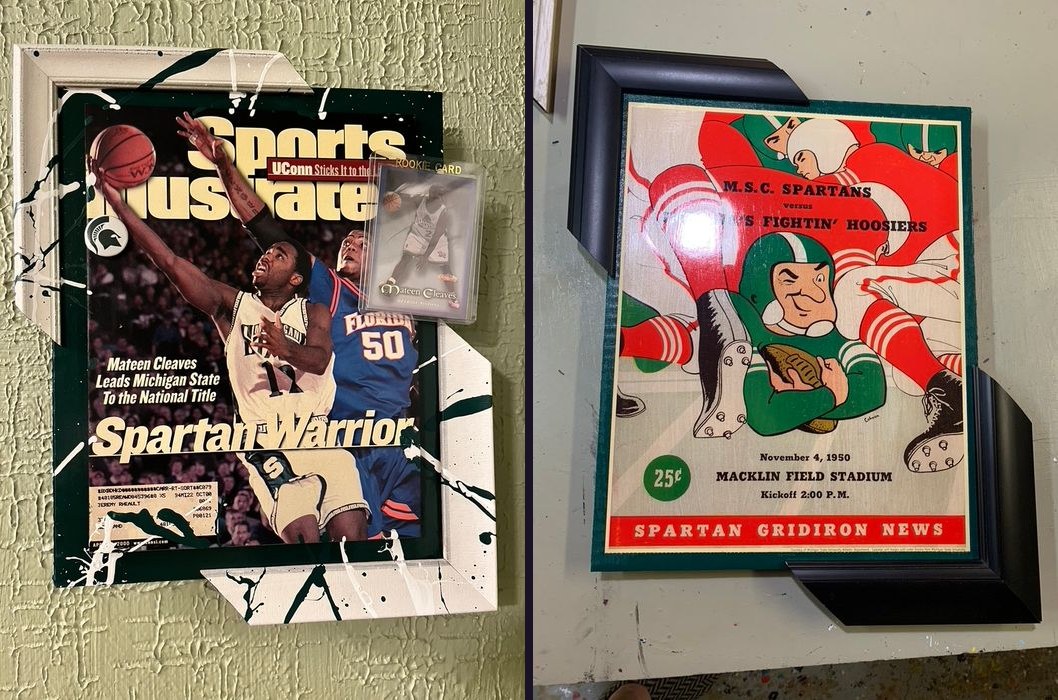 Hand-embellished Mateen Cleaves Sports Illustrated Spartan Warrior cover with a rookie card, and a 1950 Spartan Gridiron News program cover, in custom frames