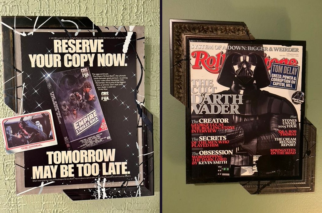 Hand-embellished The Empire Strikes Back VHS reserve your copy ad with a trading card, and Rolling Stone The Cult of Darth Vader cover with a button, in custom frames