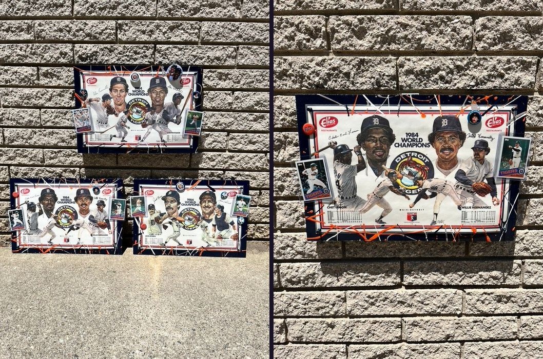 Hand-embellished 1984 World Champions Detroit Tigers Elias Brothers placemat pieces with trading cards and buttons, three hung together on a brick wall and the Chet Lemon and Willie Hernandez piece