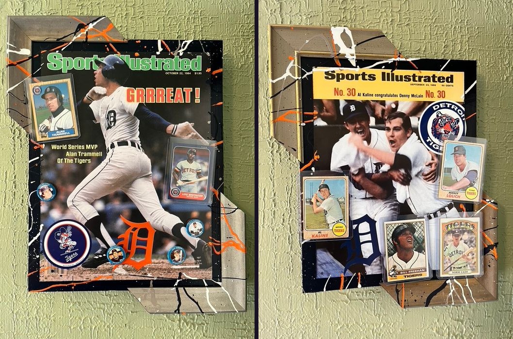Hand-embellished Alan Trammell 1984 World Series MVP Sports Illustrated cover and 1968 Al Kaline and Denny McLain Sports Illustrated cover with Detroit Tigers trading cards and buttons