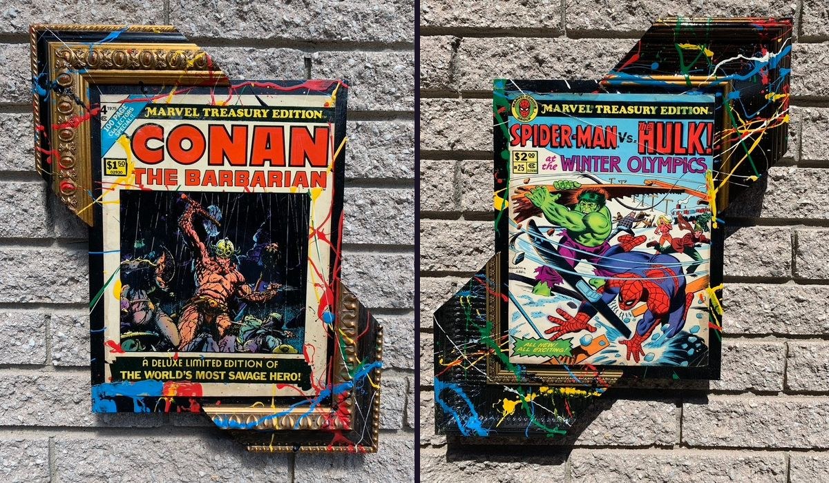 Hand-embellished Marvel Treasury Edition Conan the Barbarian and Spider-Man vs. the Hulk covers in custom splatter-painted frames