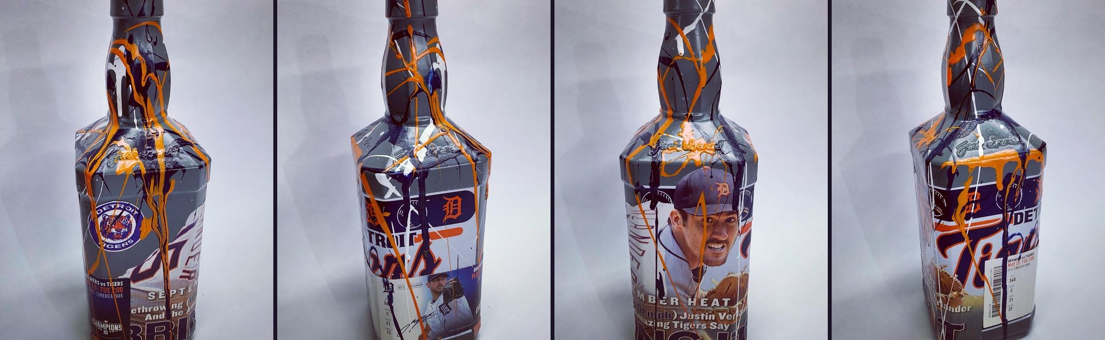 Hand-painted Detroit Tigers Justin Verlander bottle with ticket and magazine clippings, four views