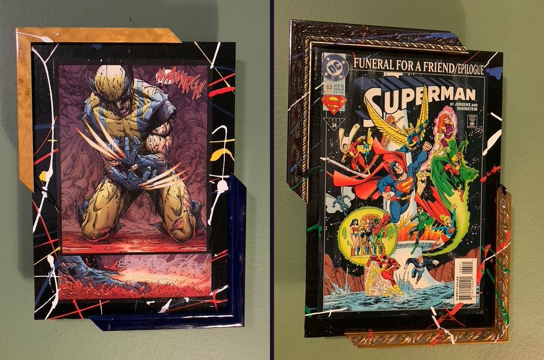 Hand-embellished Wolverine comic panel and Superman Funeral for a Friend Epilogue comic in custom splatter-painted frames