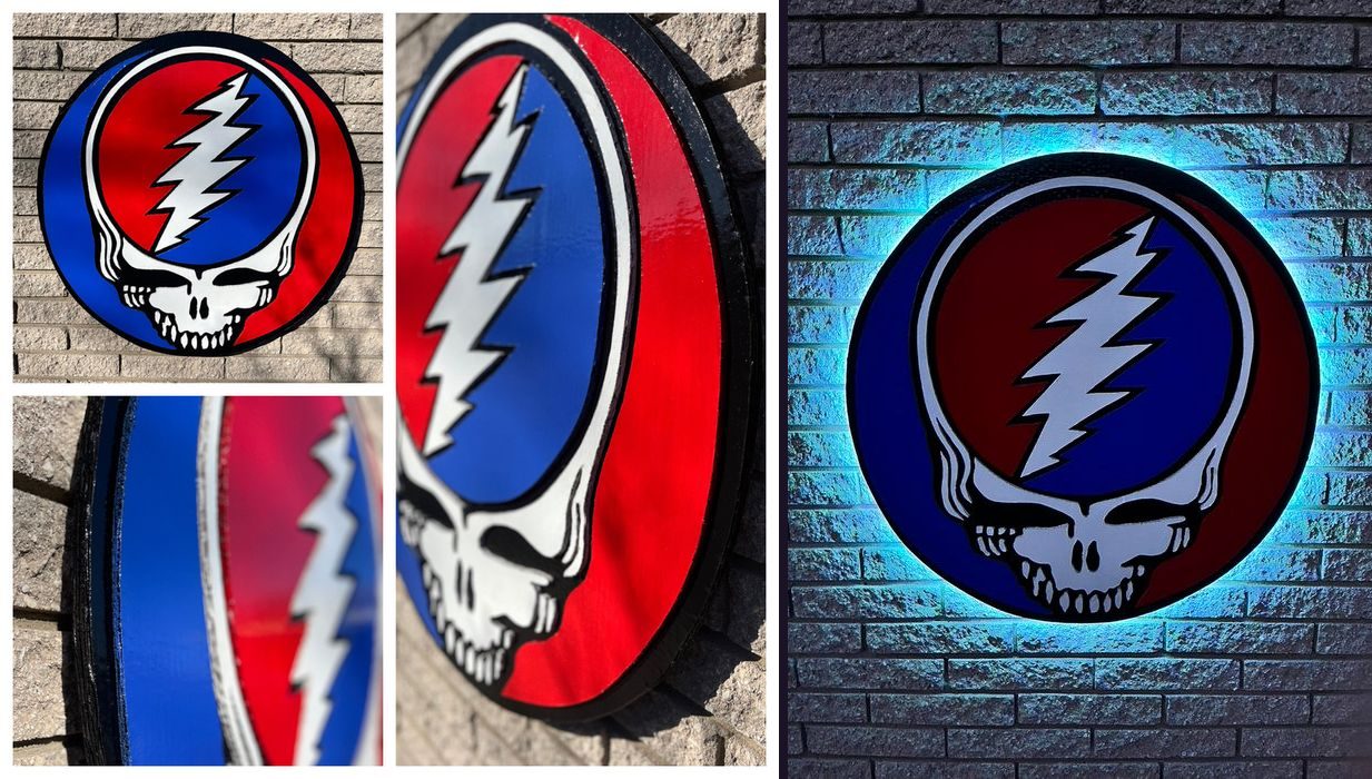 Custom Grateful Dead steal your face logo cutout in red, white and blue: collage of front and angled views, and the LED backlit version glowing on a brick wall