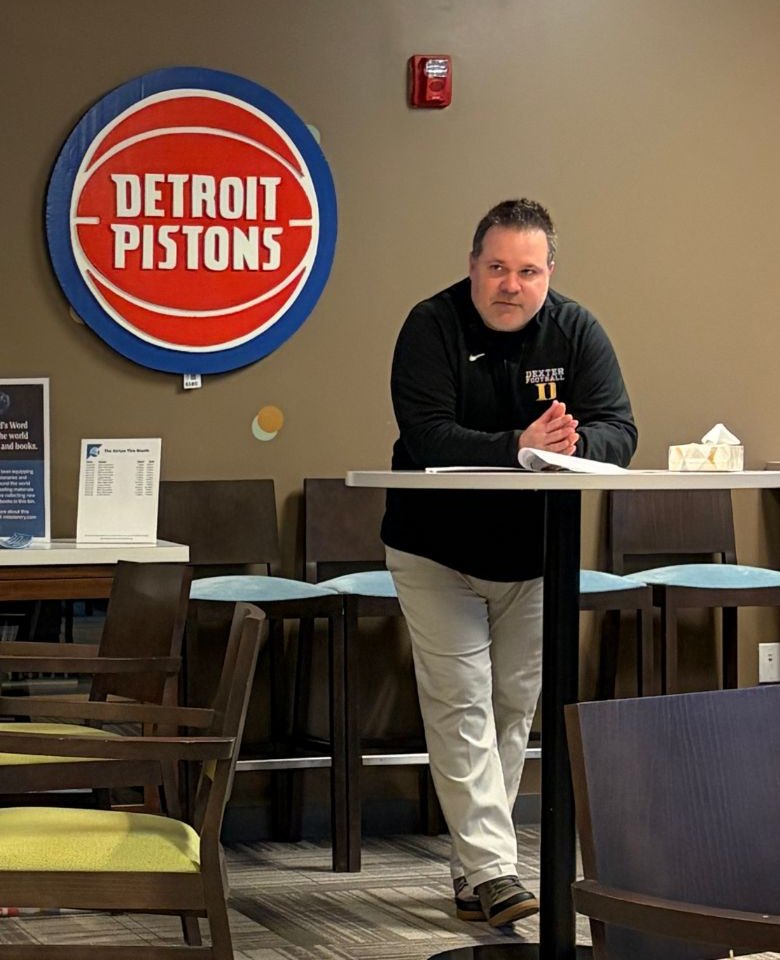Custom Detroit Pistons logo cutout on an office wall