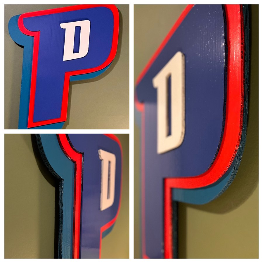 Custom Detroit Pistons P logo cutout, front and close-up angles