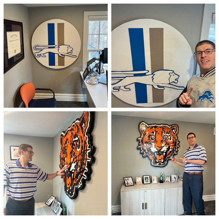 Custom round Detroit Lions logo cutout in an office