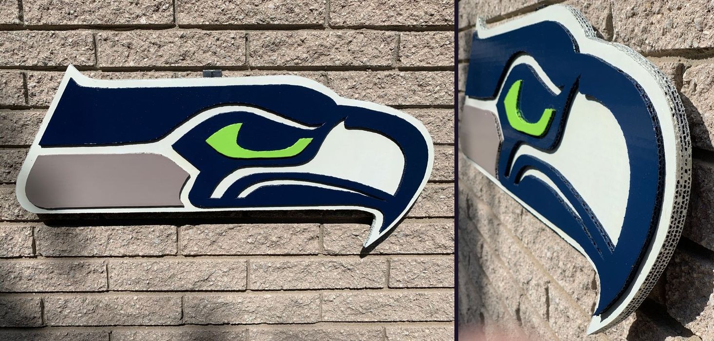 Custom Seattle Seahawks logo cutout, straight-on and side angle