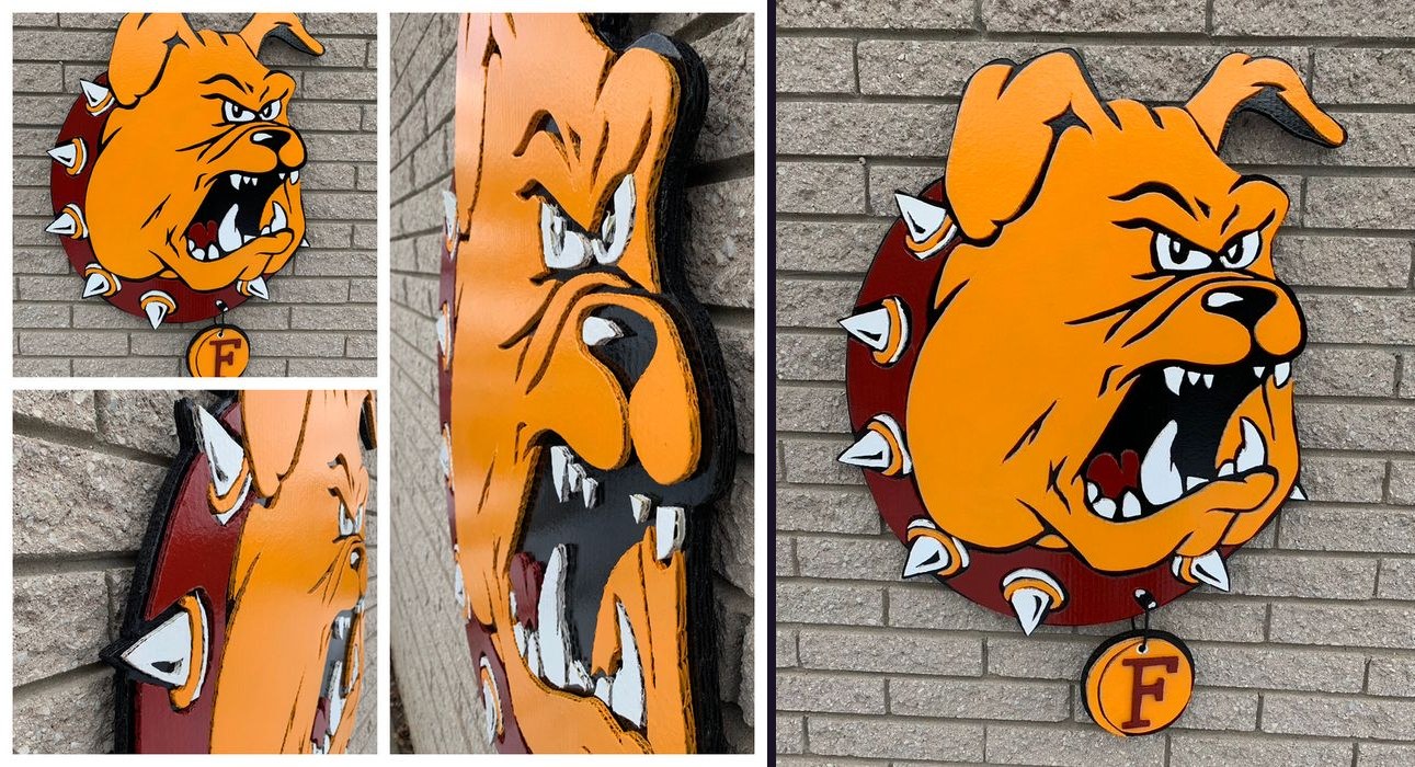 Custom Ferris State Bulldog cutout in orange and crimson with a spiked collar and F tag on a brick wall, collage of close-up angles and the full front view