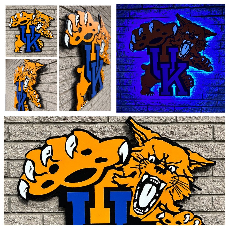 Collage of the custom Kentucky Wildcat UK cutout in orange and blue: front view, angled views, glowing with blue LED backlighting at night, and a large close-up of the claws and snarling wildcat