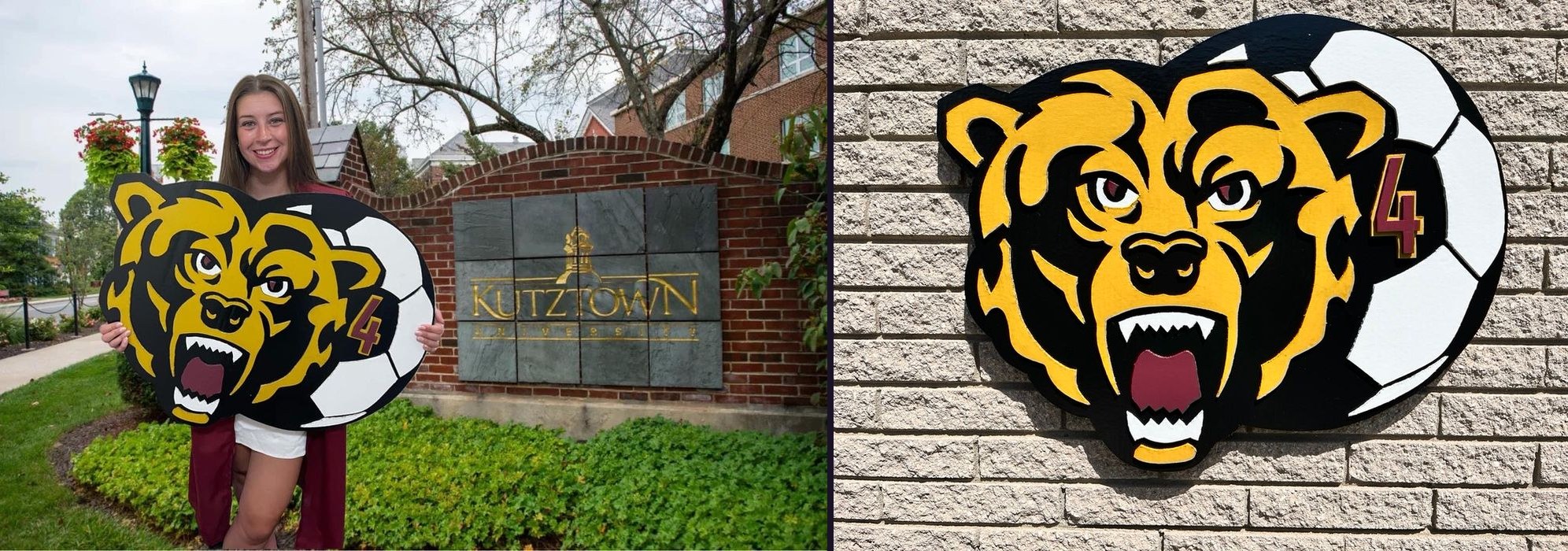 A Kutztown University graduate in a maroon gown holding the custom Golden Bear and soccer ball number 4 cutout in front of the Kutztown University sign, and the piece on a brick wall