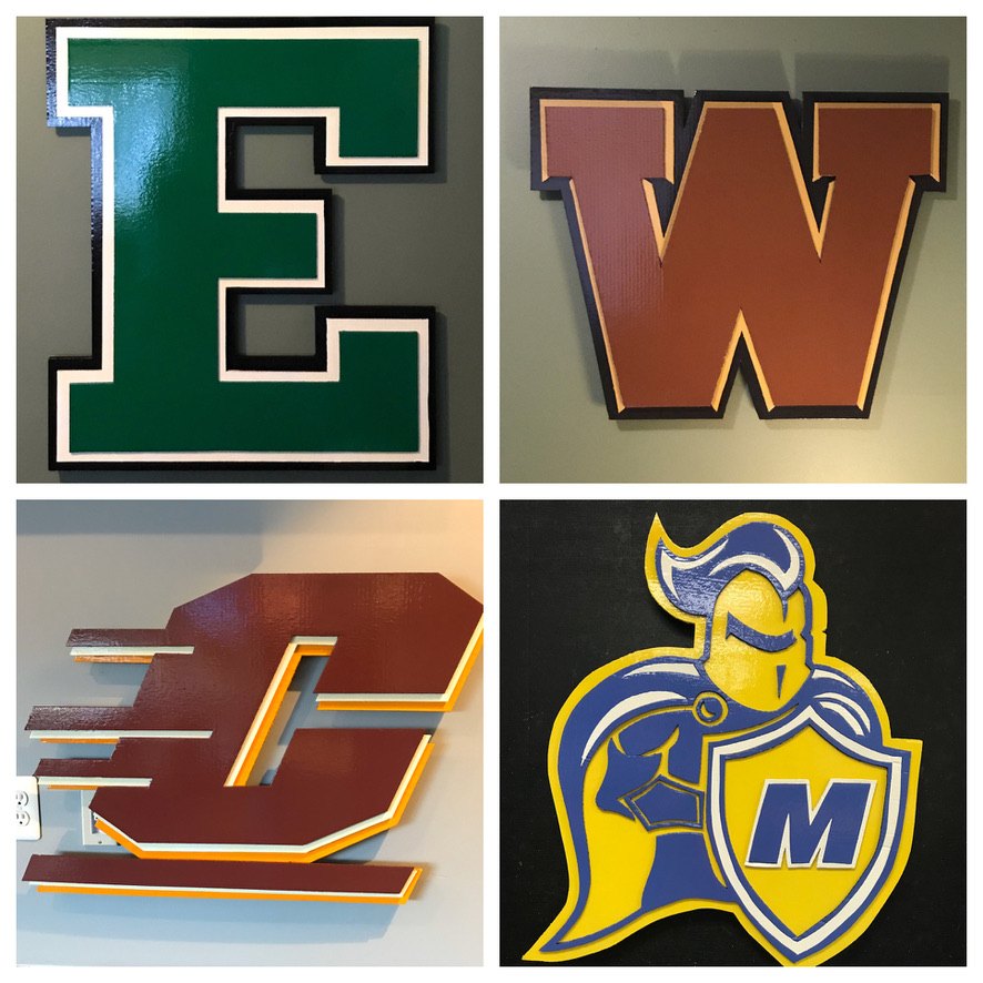 Collage of custom school cutouts: green Eastern Michigan E, brown Western Michigan W, maroon Central Michigan C, and the blue and gold Madonna University Crusader