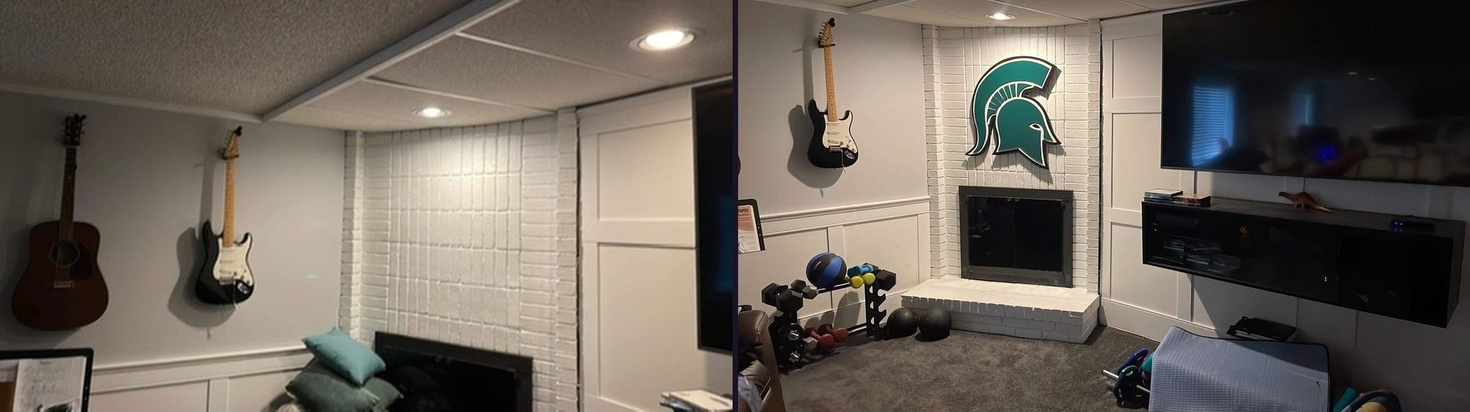 Before and after: a bare white brick fireplace wall, then the same wall with a custom Michigan State Spartan helmet cutout above the fireplace