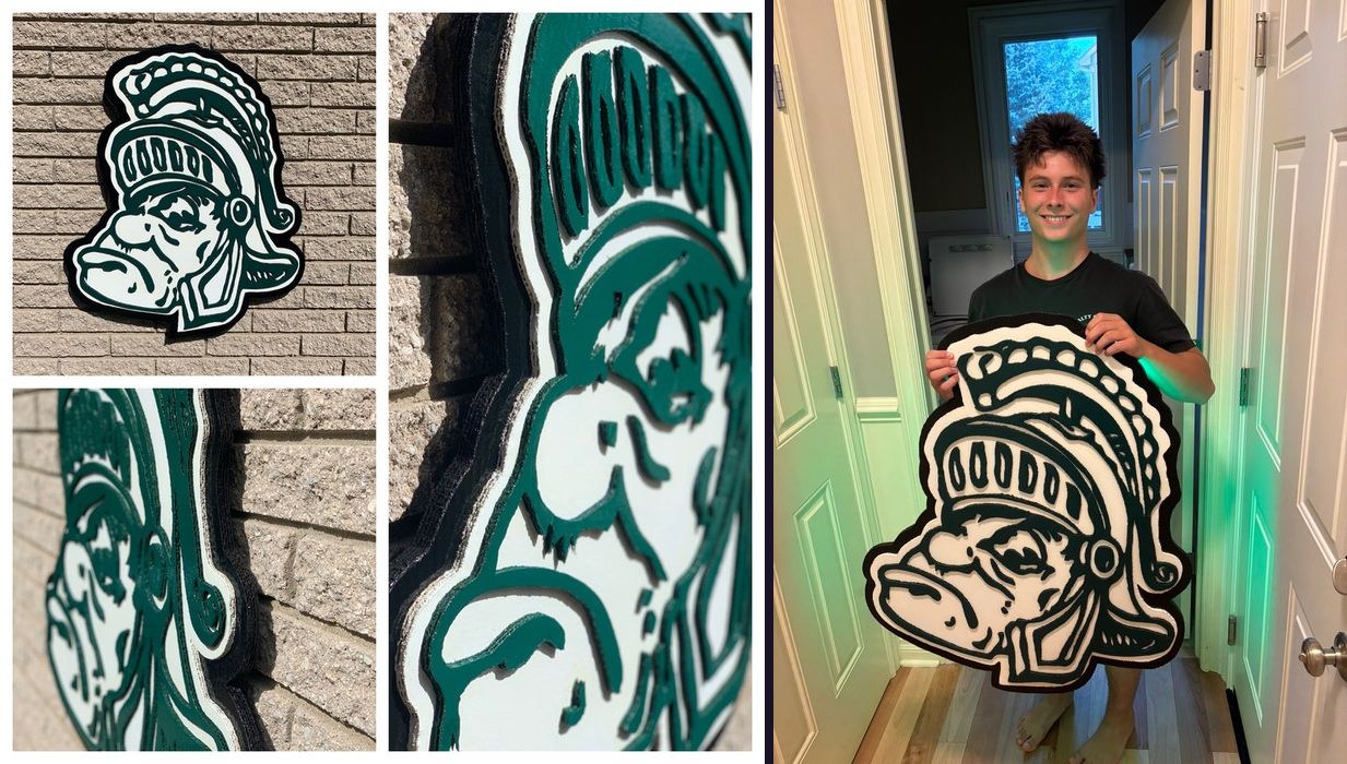 Custom vintage Gruff Sparty Michigan State head cutout on brick, three angles, and held by a customer