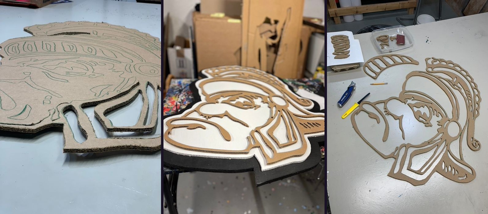 Behind the scenes: building the vintage Gruff Sparty cutout, from traced cardboard to cut layers to the painted piece in the workshop