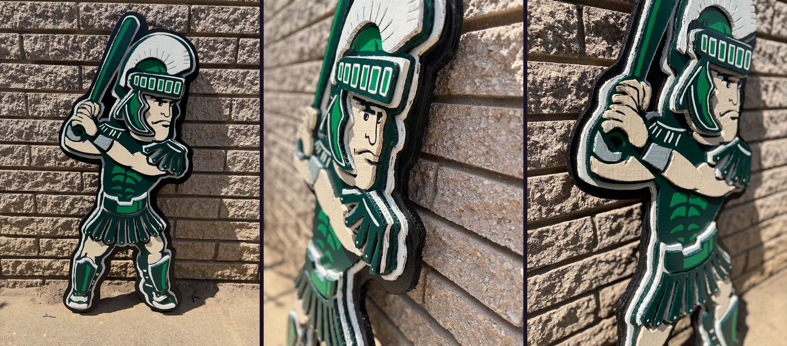 Custom Michigan State Sparty baseball cutout, front view and two close-up side angles showing the layered cardboard depth