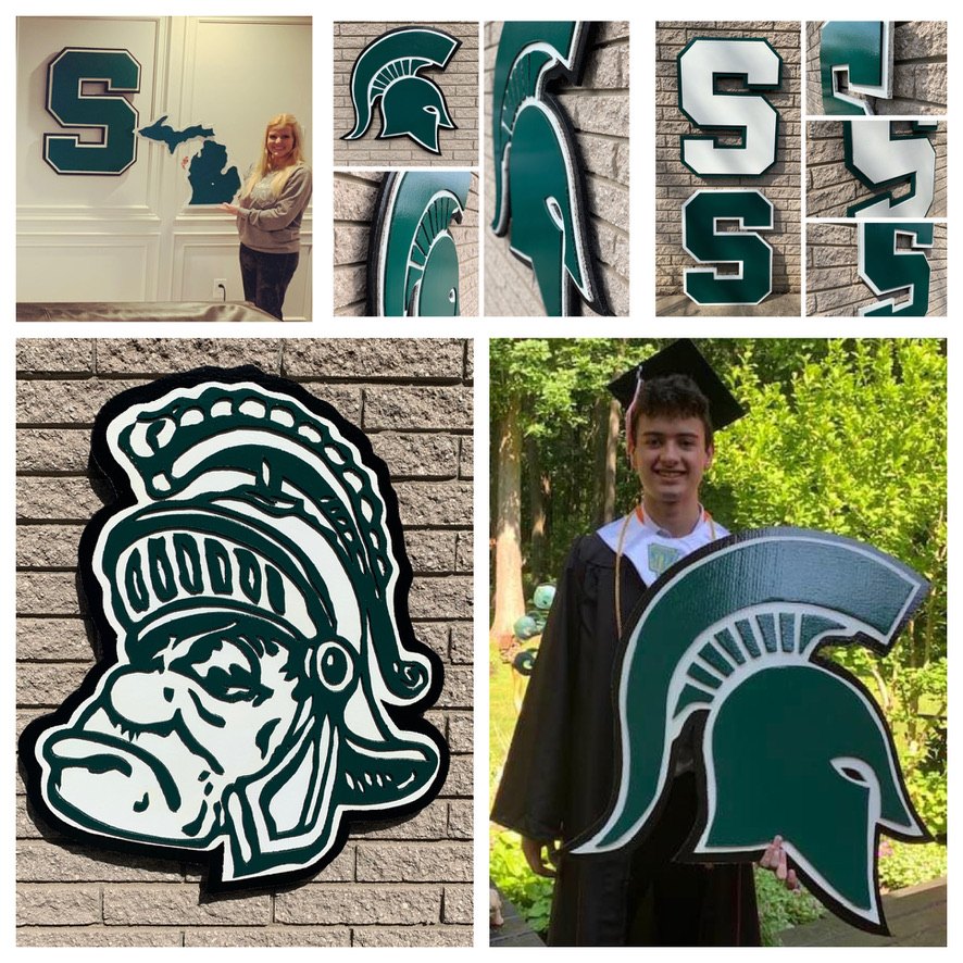 Collage of custom Michigan State pieces: block S with a Michigan state cutout, Spartan helmet, white and green block S, vintage Gruff Sparty on brick, and a graduate holding a Spartan helmet