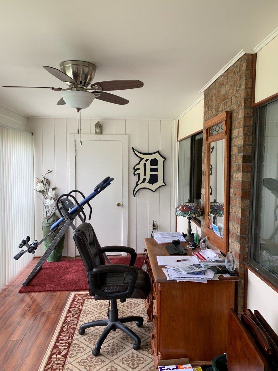 Custom navy and cream Detroit Tigers Old English D cutout on a sunroom office wall