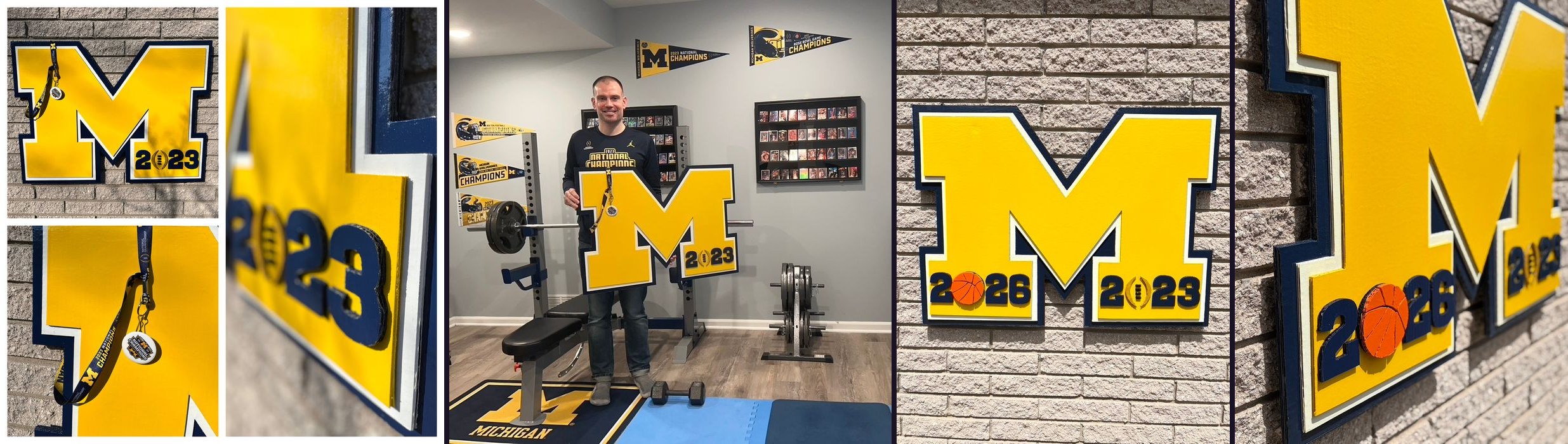 Custom maize Michigan block M cutouts with 2023 National Champions, 2026 basketball and 2023 football additions, in a collage of close-ups, held in a home gym, and on a brick wall